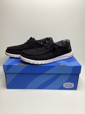 Hey Dude Black Canvas Slip-On Sneakers with White Speckled Sole